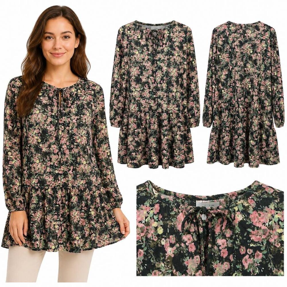 Maurices XL Black Floral Tie Neck Tiered Tunic Top